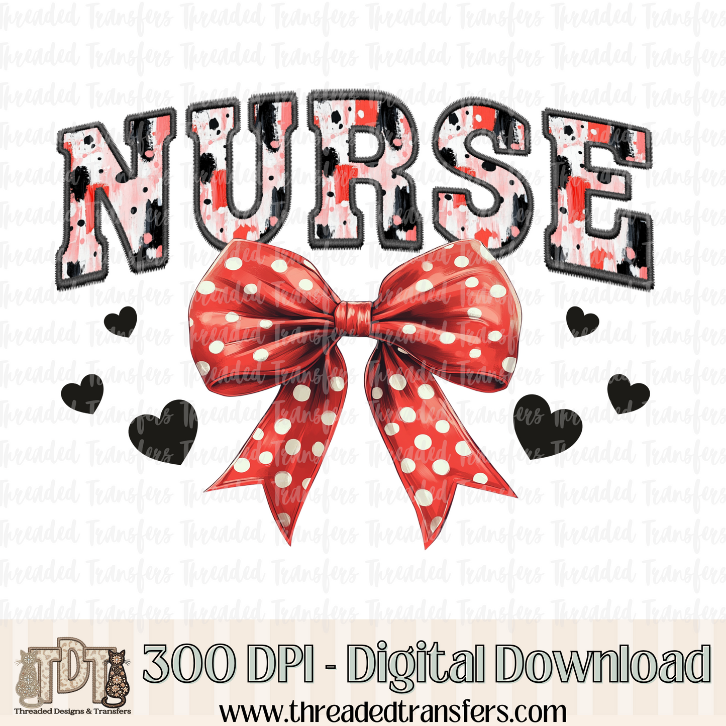 Nurse Coquette Bow Faux Embroidery Digital Design Download (PNG Format - no product shipped)