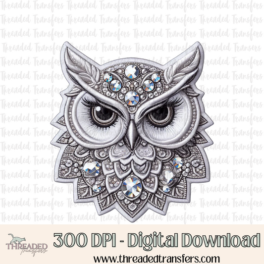 Sparkly White Owl Faux Rhinestone & Faux Embroidery Digital Design Download (PNG Format - no product shipped)