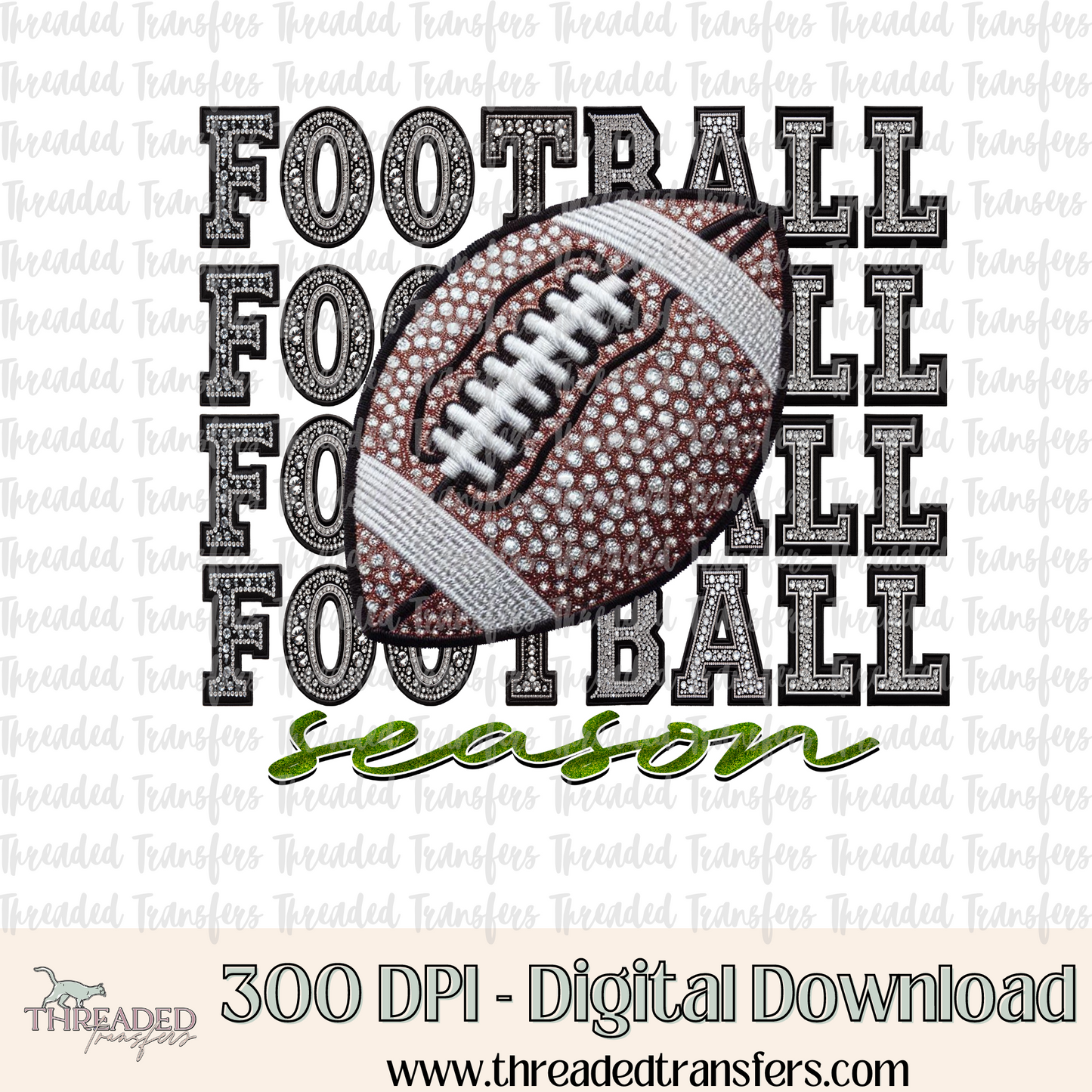 Football Season Repeat Words Faux Rhinestones & Faux Embroidery Digital Design Download (PNG Format - no product shipped)