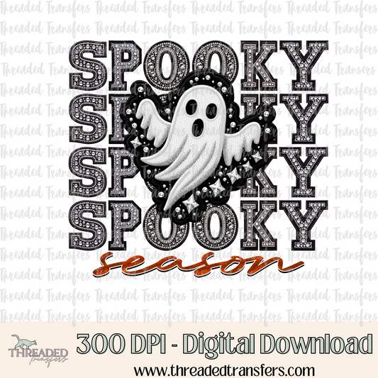 Spooky Season Repeat Words Faux Rhinestones & Faux Embroidery Digital Design Download (PNG Format - no product shipped)