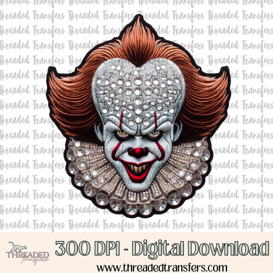 Spooky Sparkly Clown Faux Rhinestone & Faux Embroidery Digital Design Download (PNG Format - no product shipped)