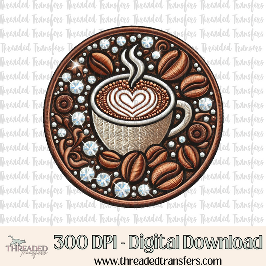 Coffee Lover Faux Rhinestone & Faux Embroidery Digital Design Download (PNG Format - no product shipped)