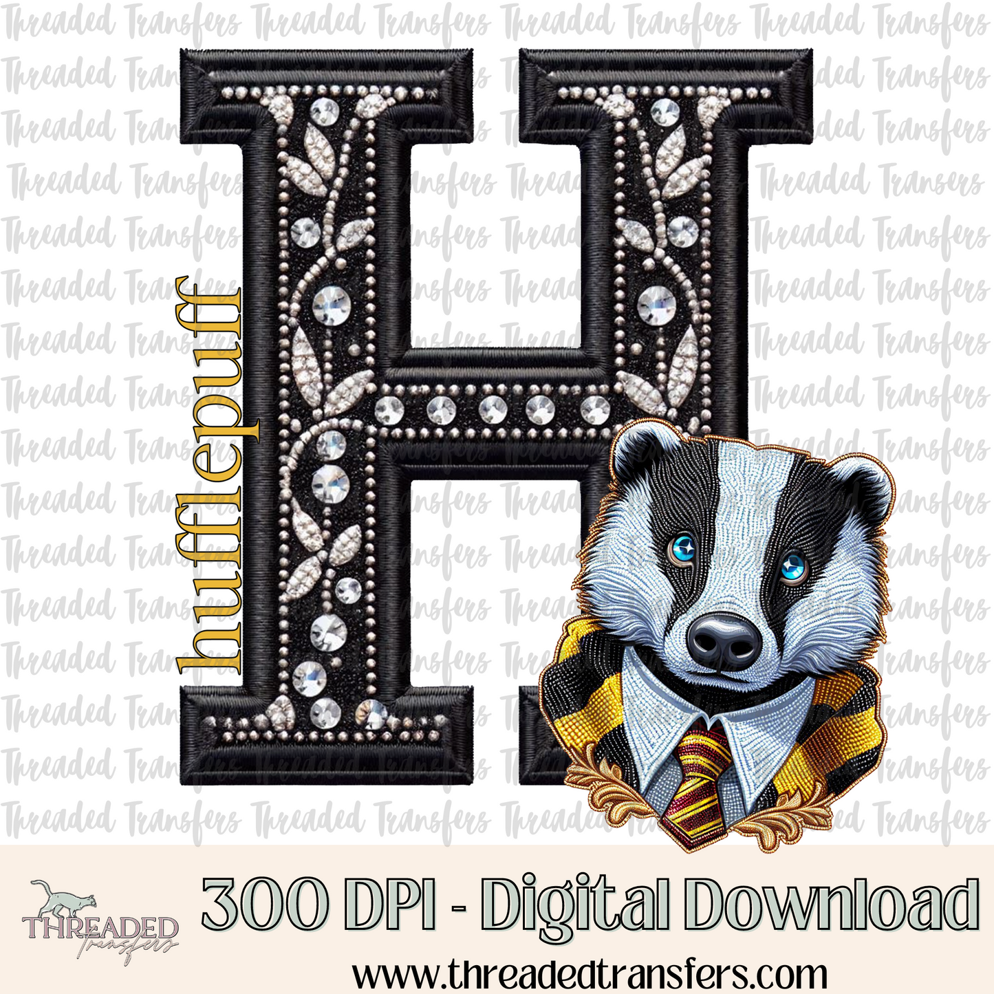 H Badger Faux Rhinestone & Faux Embroidery Digital Design Download (PNG Format - no product shipped)