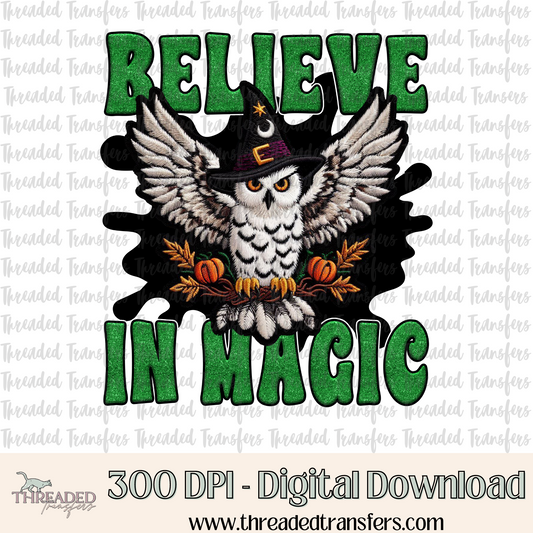 Believe in Magic Owl Faux Puffy Glitter & Faux Embroidery Digital Design Download (PNG Format - no product shipped)