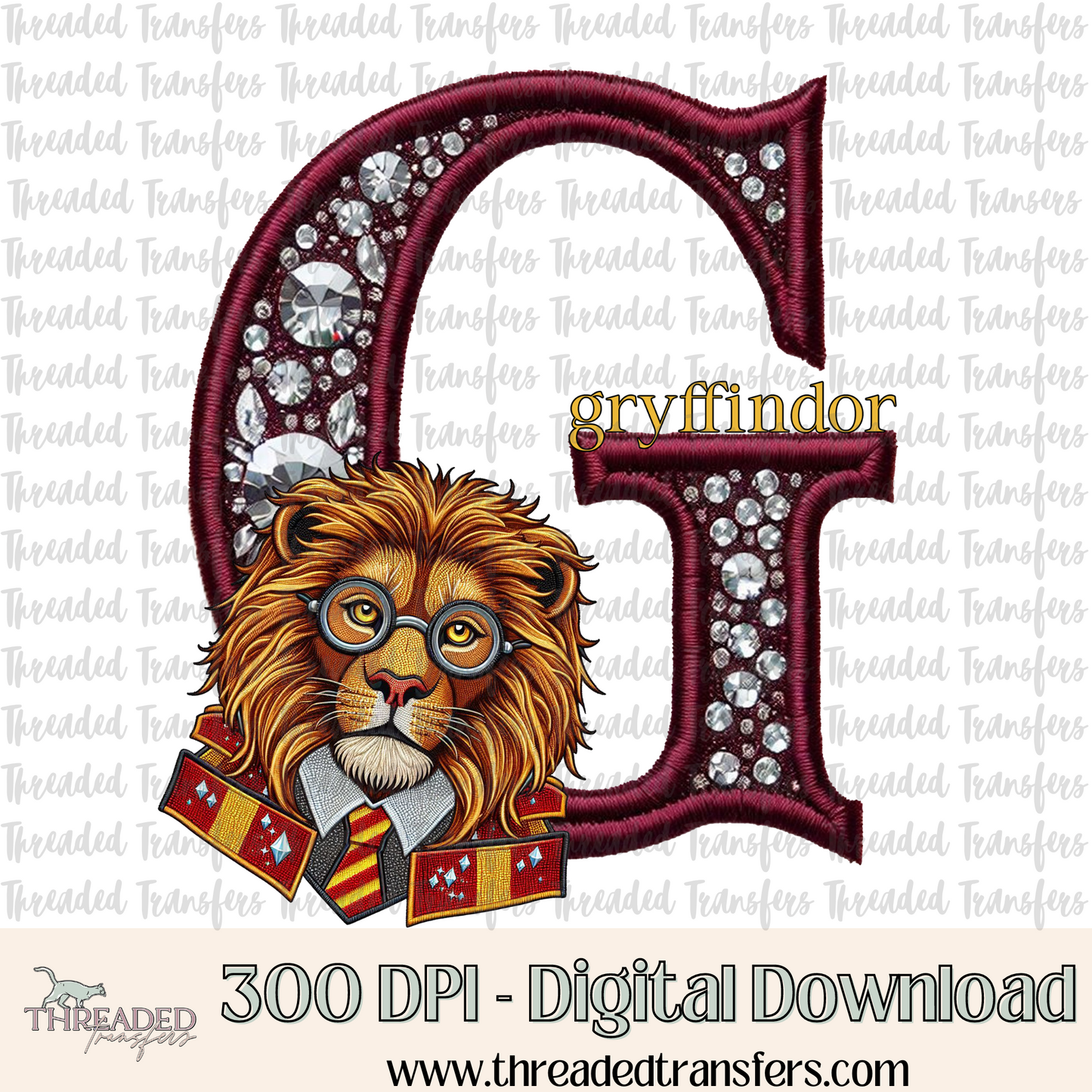 G Lion Faux Rhinestone & Faux Embroidery Digital Design Download (PNG Format - no product shipped)