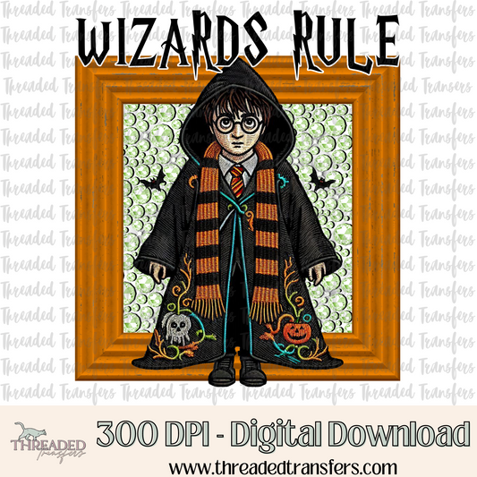 Wizards Rule Faux Rhinestone & Faux Embroidery Digital Design Download (PNG Format - no product shipped)