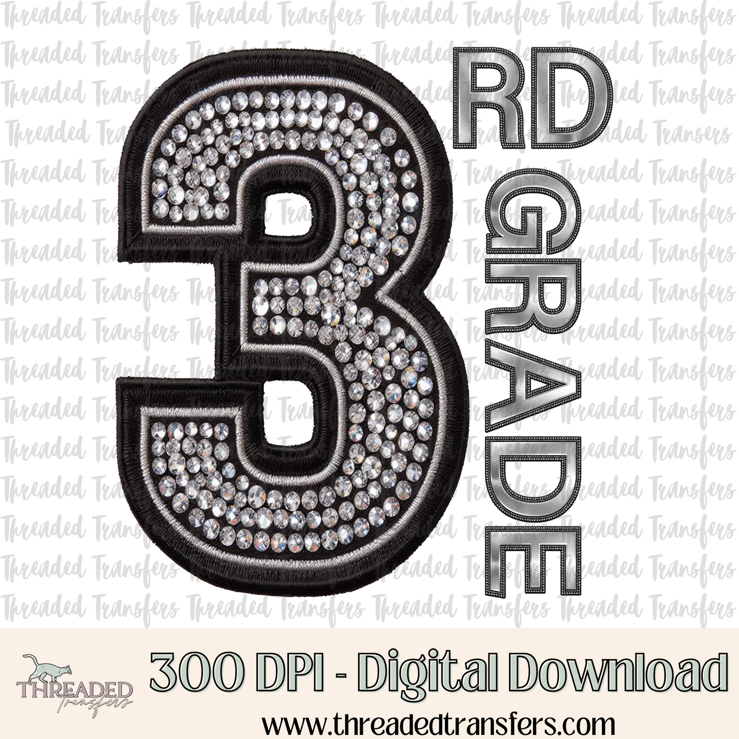 3rd Grade Faux Rhinestones & Faux Embroidery Digital Design Download (PNG Format - no product shipped)