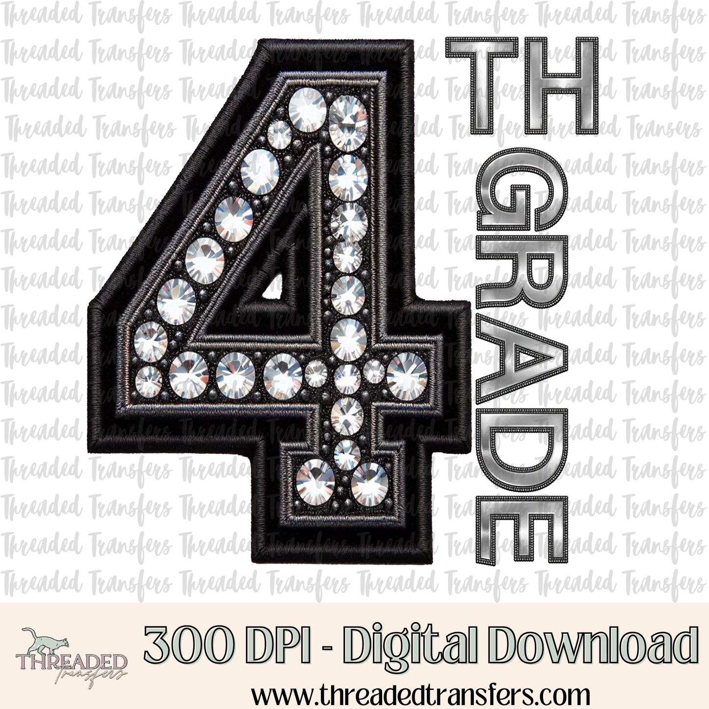 4th Grade Faux Rhinestones & Faux Embroidery Digital Design Download (PNG Format - no product shipped)