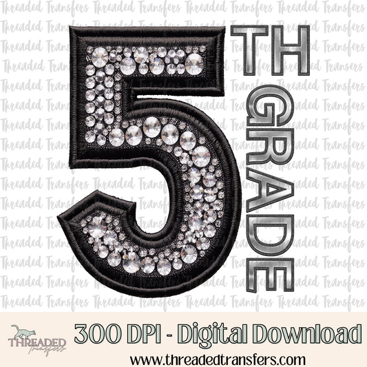 5th Grade Faux Rhinestones & Faux Embroidery Digital Design Download (PNG Format - no product shipped)