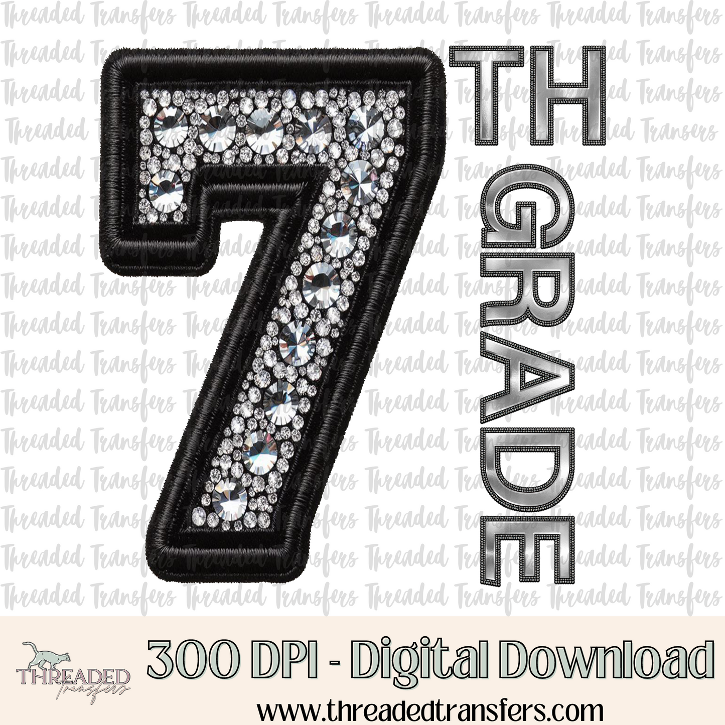 7th Grade Faux Rhinestones & Faux Embroidery Digital Design Download (PNG Format - no product shipped)