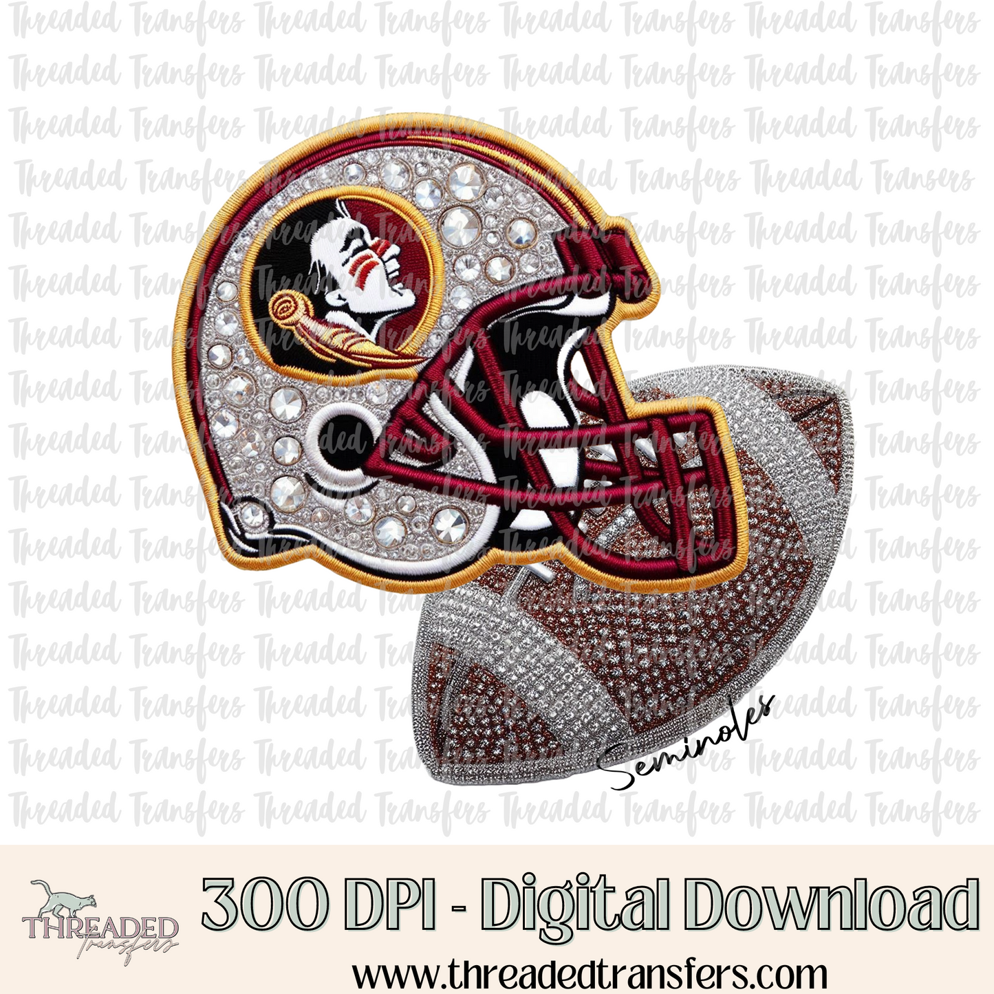 Seminoles Helmet Faux Rhinestones & Faux Embroidery Digital Design Download (PNG Format - no product shipped)