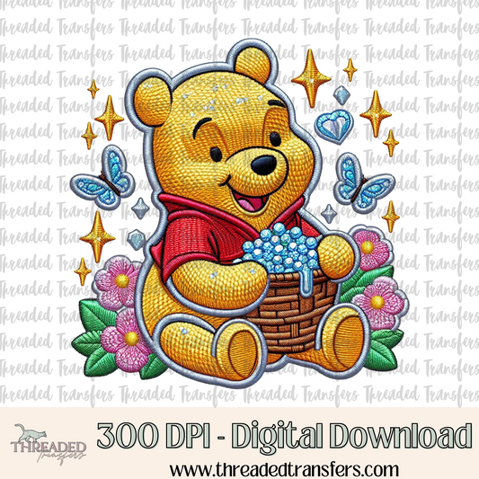 Berry Happy Bear Faux Rhinestone & Faux Embroidery Digital Design Download (PNG Format - no product shipped)