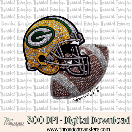 Green Bay Faux Rhinestones & Faux Embroidery Digital Design Download (PNG Format - no product shipped)