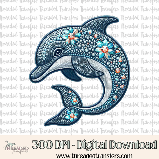 Sparkly Dolphin Faux Rhinestone & Faux Embroidery Digital Design Download (PNG Format - no product shipped)