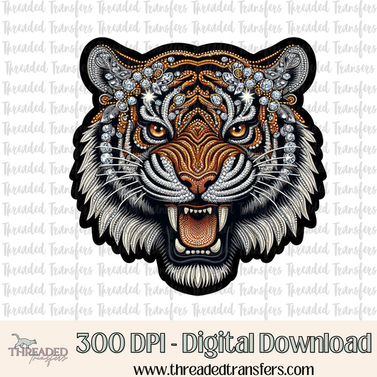 Fierce Tiger Faux Rhinestone & Faux Embroidery Digital Design Download (PNG Format - no product shipped)