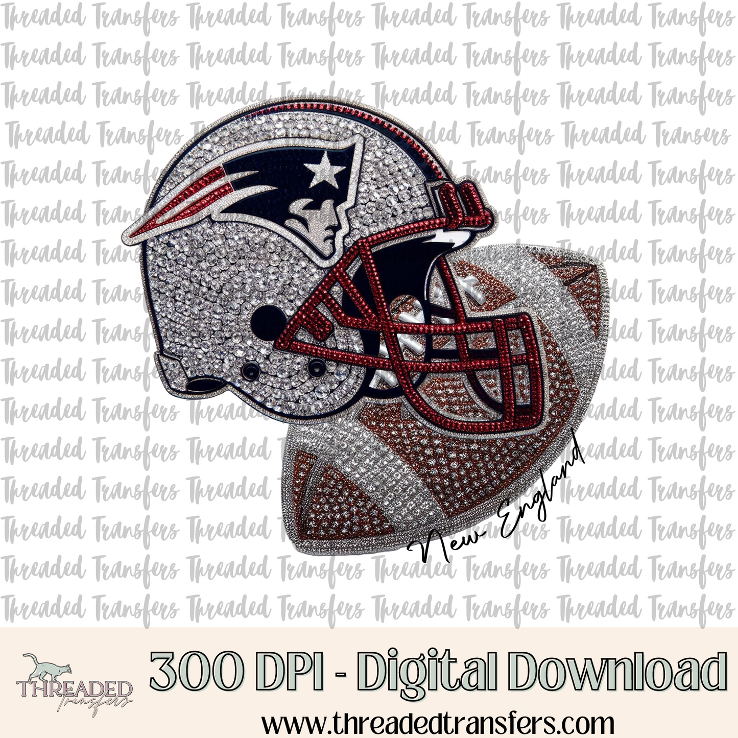 New England Faux Rhinestones & Faux Embroidery Digital Design Download (PNG Format - no product shipped)