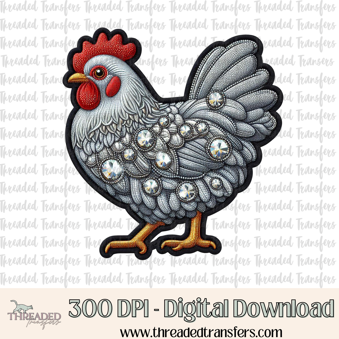 Sparkly Chicken Faux Rhinestone & Faux Embroidery Digital Design Download (PNG Format - no product shipped)