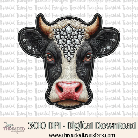 Sparkly Cow Faux Rhinestone & Faux Embroidery Digital Design Download (PNG Format - no product shipped)