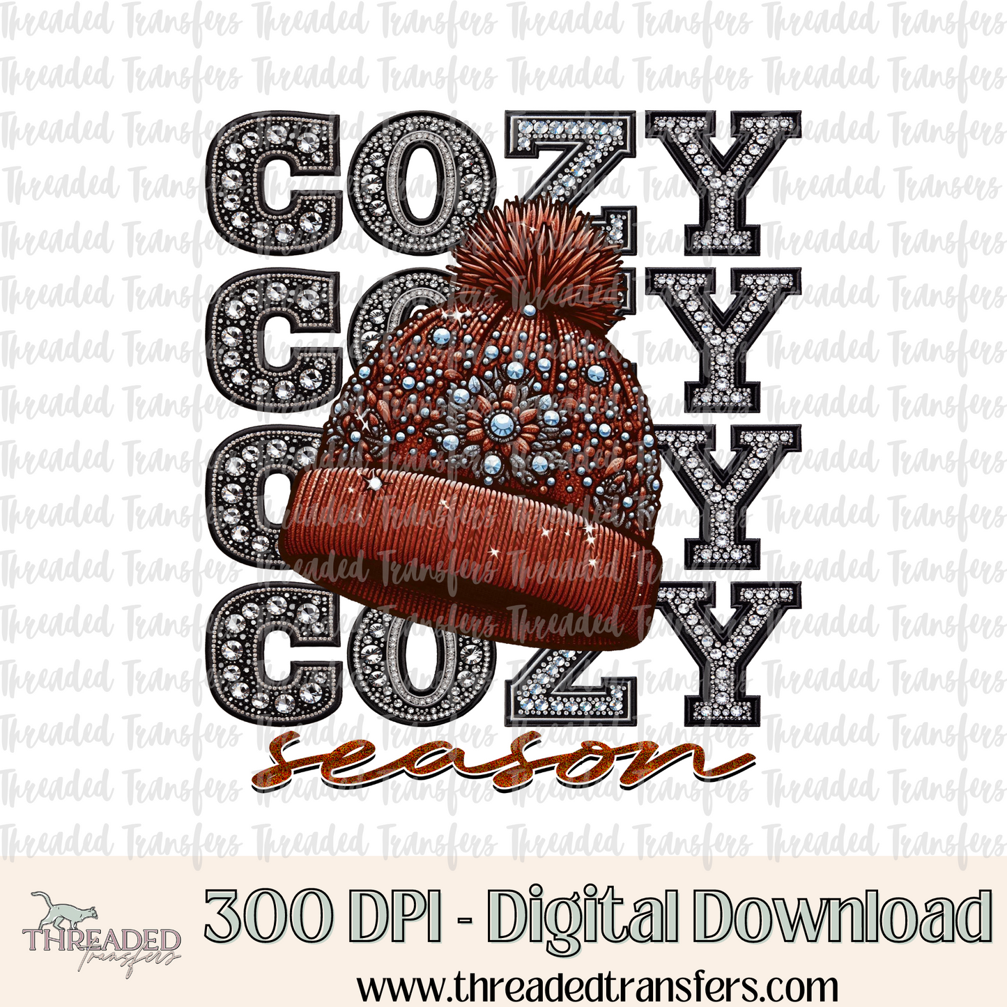 Cozy Season Repeat Words Faux Rhinestones & Faux Embroidery Digital Design Download (PNG Format - no product shipped)