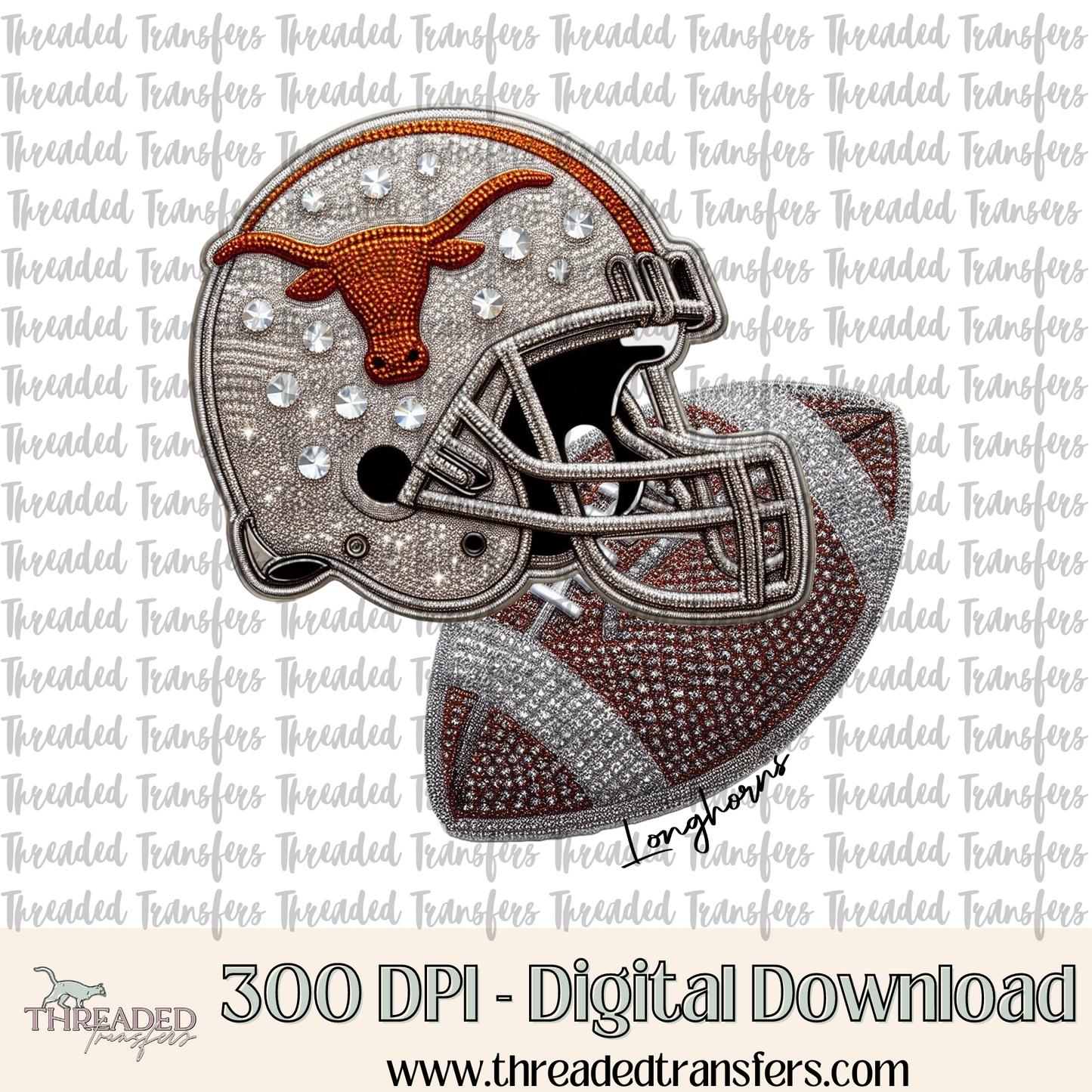 Longhorns Faux Rhinestones & Faux Embroidery Digital Design Download (PNG Format - no product shipped)