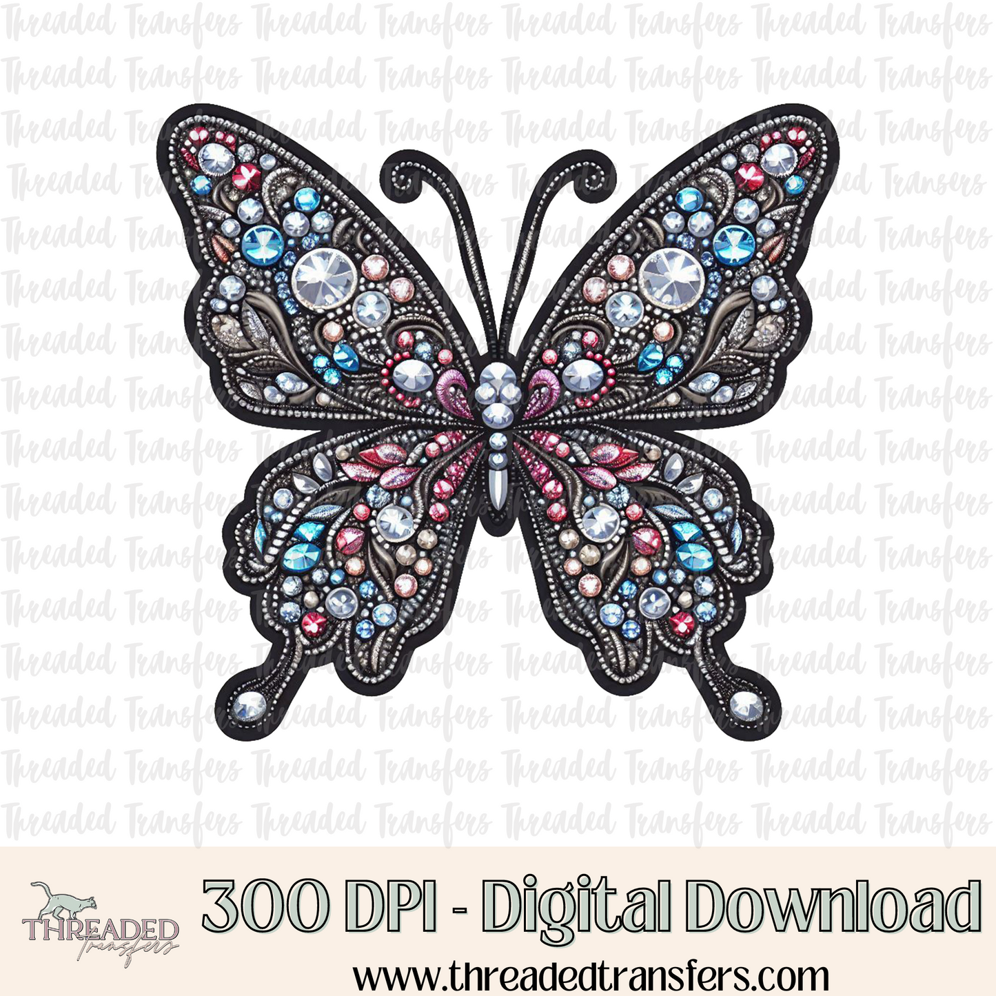 Sparkly Butterfly Faux Rhinestone & Faux Embroidery Digital Design Download (PNG Format - no product shipped)