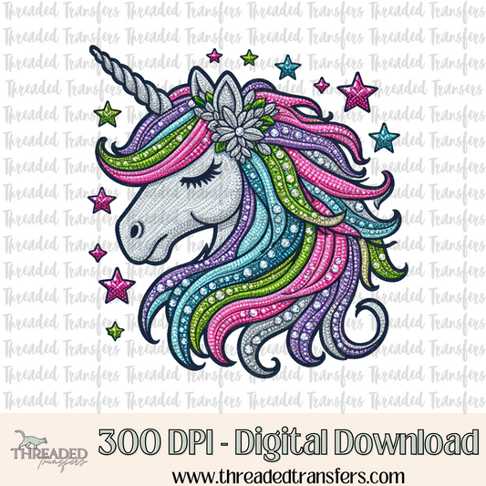 Sparkly Rainbow Unicorn Faux Rhinestone & Faux Embroidery Digital Design Download (PNG Format - no product shipped)