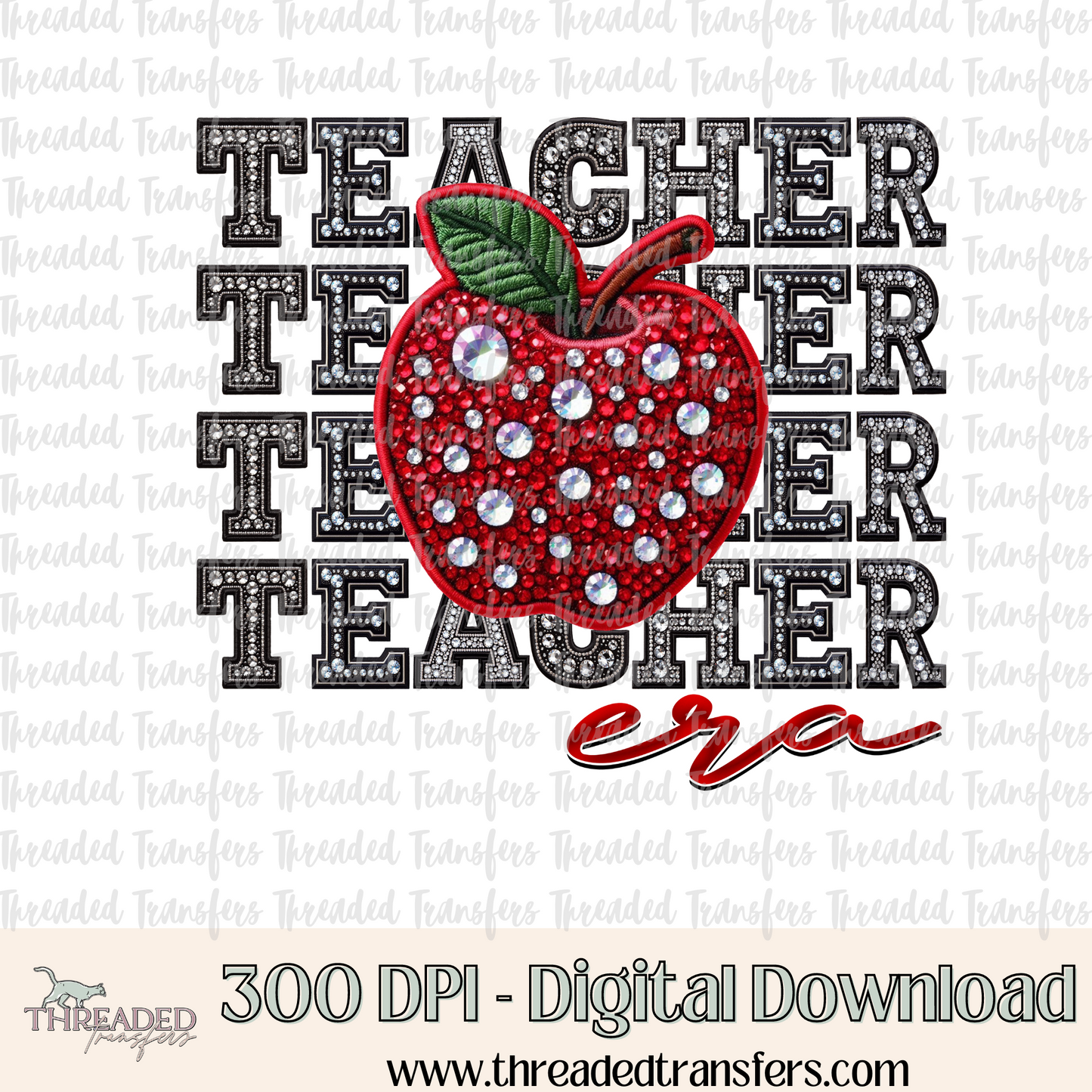 Teacher Era Repeat Words Faux Rhinestones & Faux Embroidery Digital Design Download (PNG Format - no product shipped)