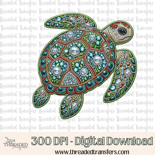 Sparkly Sea Turtle Faux Rhinestone & Faux Embroidery Digital Design Download (PNG Format - no product shipped)