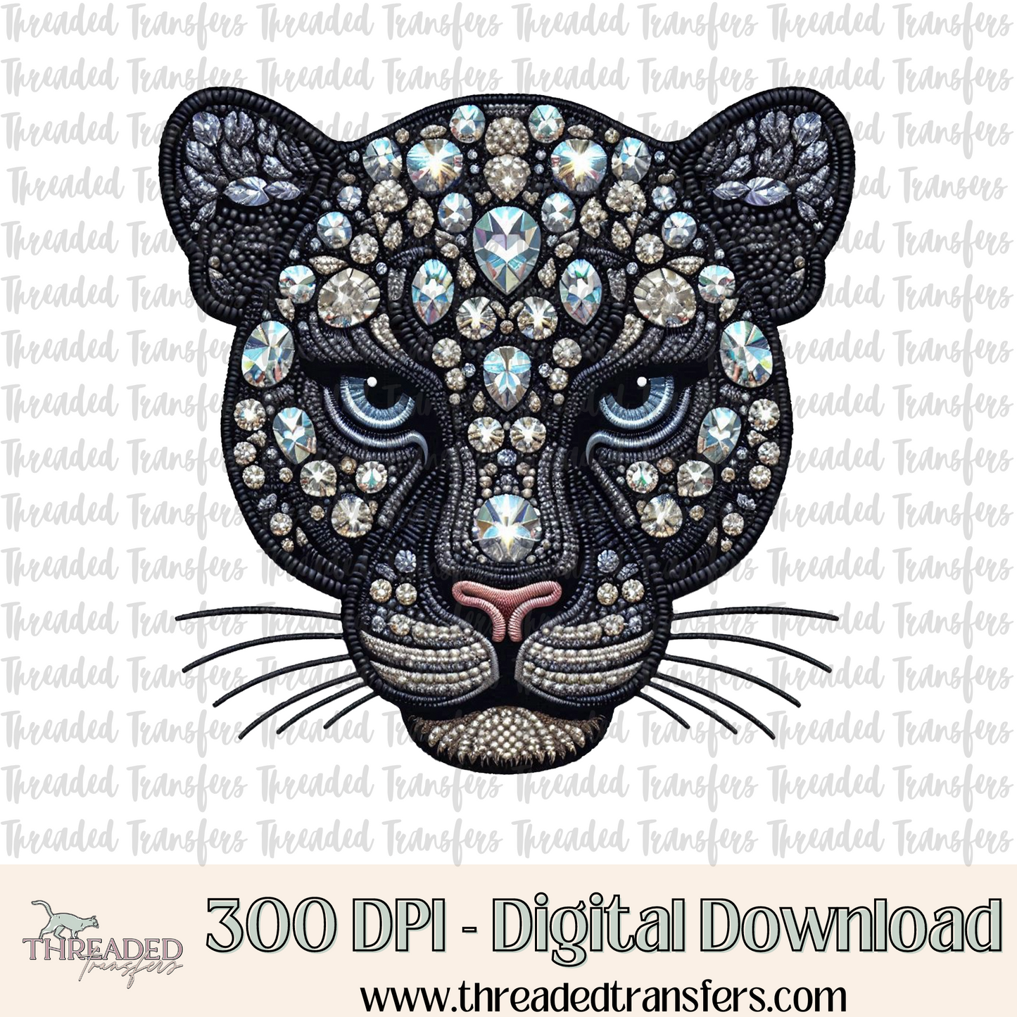 Sparkly Panther Faux Rhinestone & Faux Embroidery Digital Design Download (PNG Format - no product shipped)