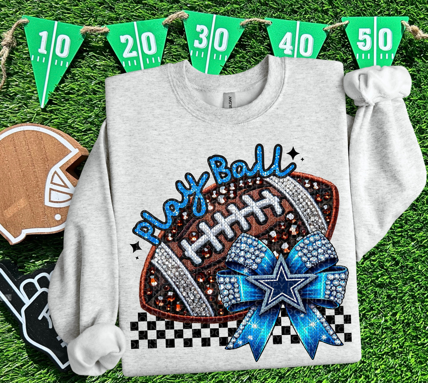 Play Ball Dallas Faux Embroidery and Faux Rhinestone Football DTF & Sublimation Transfer