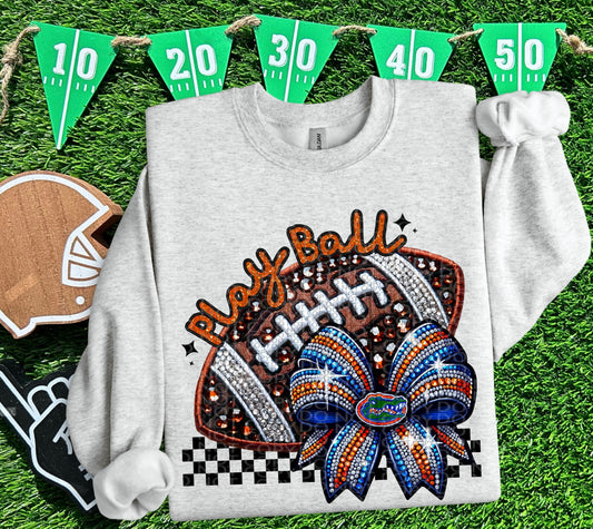 Play Ball Gator Faux Embroidery and Faux Rhinestone Football DTF & Sublimation Transfer