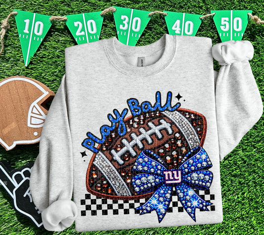 Play Ball NYG Faux Embroidery and Faux Rhinestone Football DTF & Sublimation Transfer