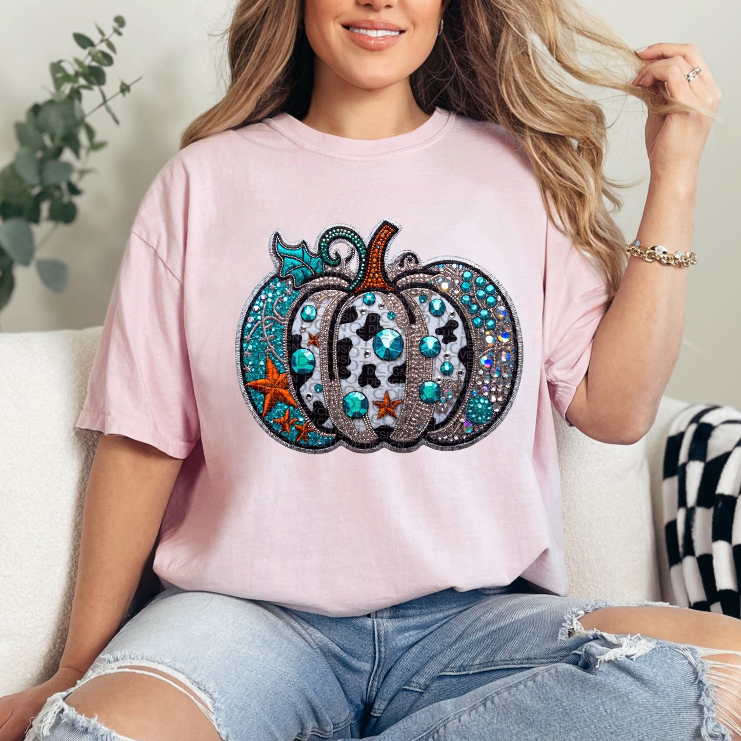 Western Bling Pumpkin Faux Rhinestone and Faux Embroidery DTF & Sublimation Transfer