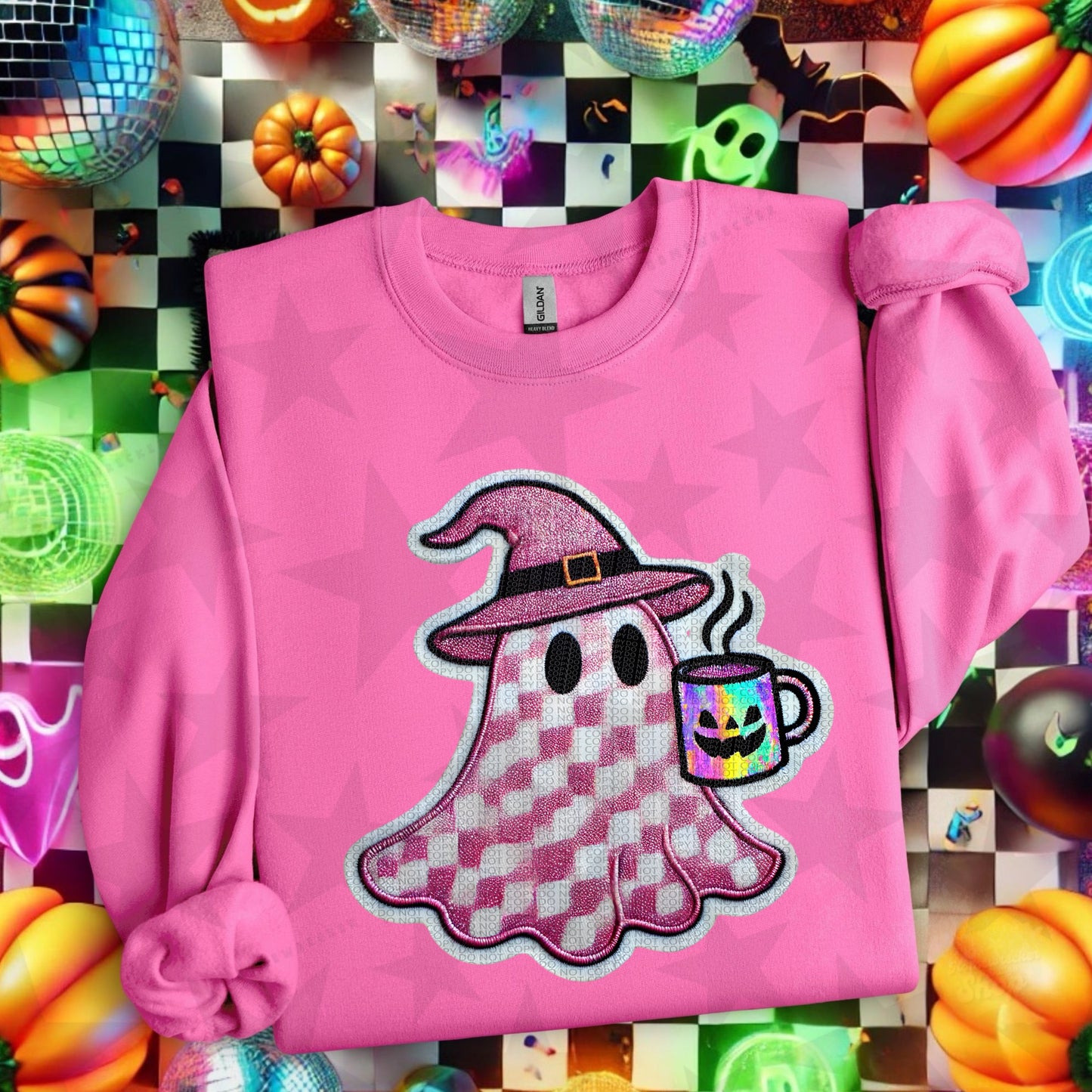 Pink & White Checkered Ghost Faux Embroidery DTF & Sublimation Transfer