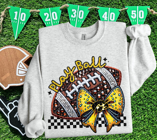 Play Ball Iowa Faux Embroidery and Faux Rhinestone Football DTF & Sublimation Transfer