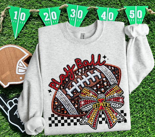 Play Ball Cyclone Faux Embroidery and Faux Rhinestone Football DTF & Sublimation Transfer