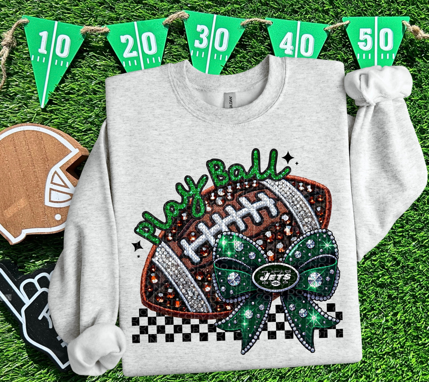 Play Ball NYJ Faux Embroidery and Faux Rhinestone Football DTF & Sublimation Transfer