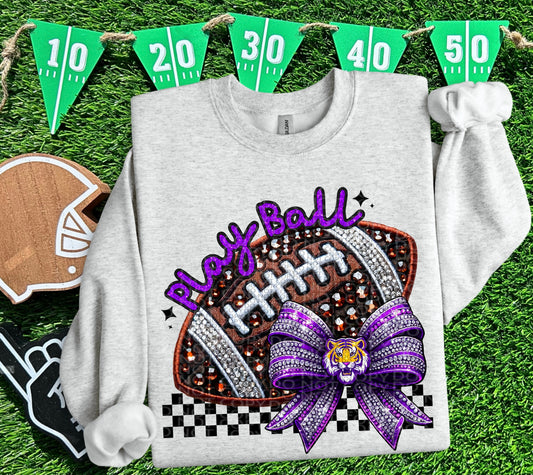 Play Ball Louisiana Faux Embroidery and Faux Rhinestone Football DTF & Sublimation Transfer