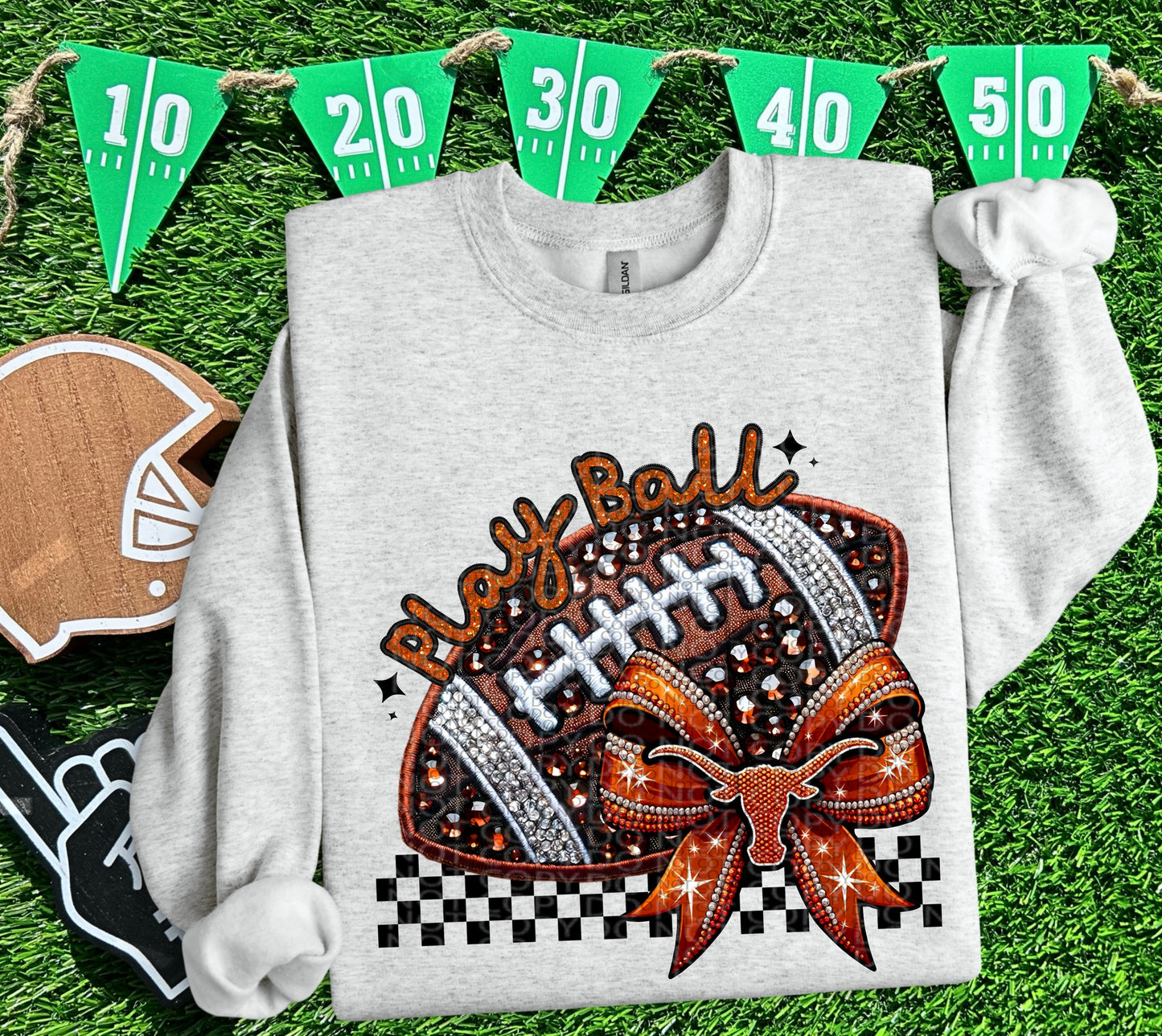 Play Ball Longhorns Faux Embroidery and Faux Rhinestone Football DTF & Sublimation Transfer