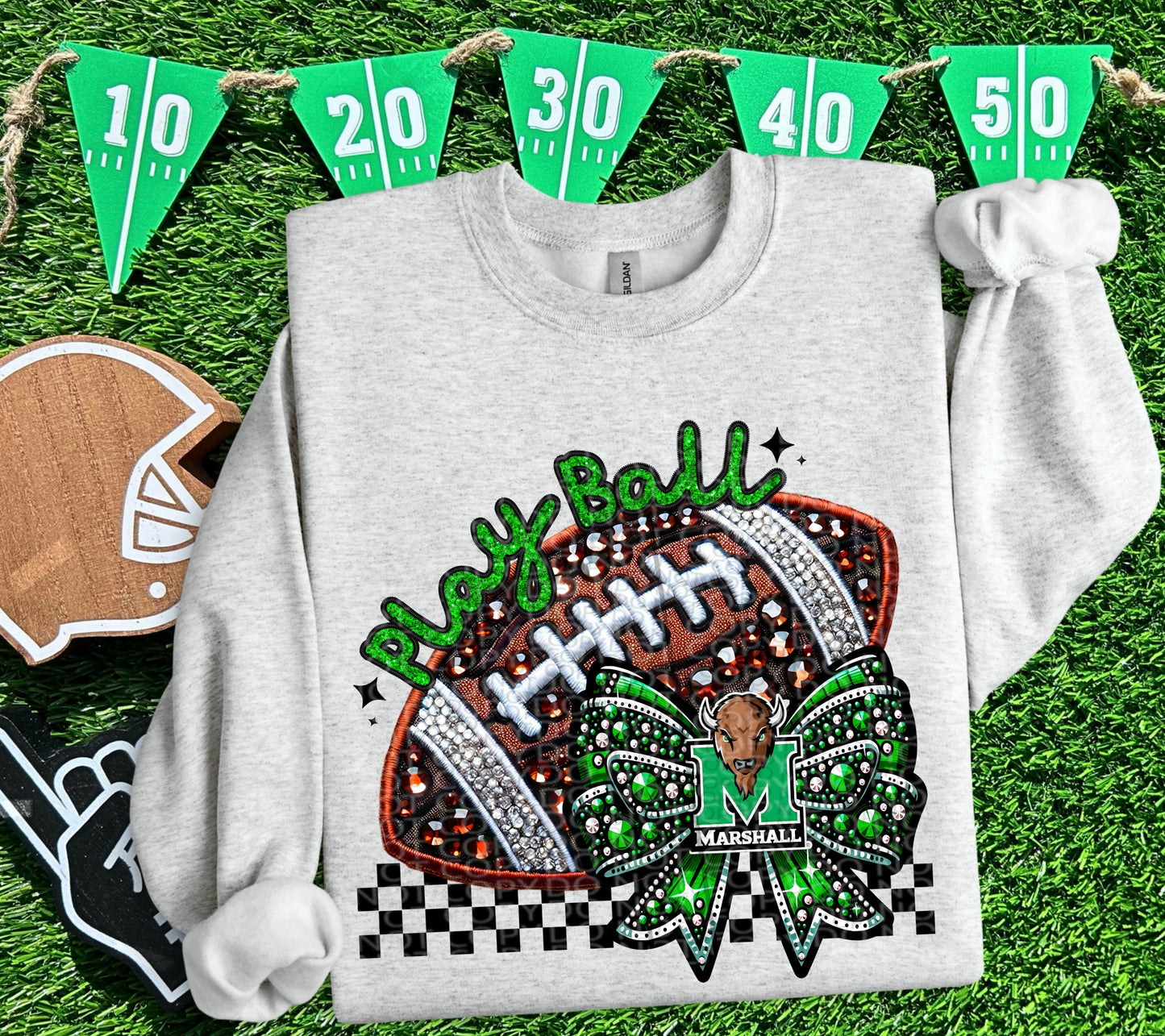 Play Ball Marshall Faux Embroidery and Faux Rhinestone Football DTF & Sublimation Transfer