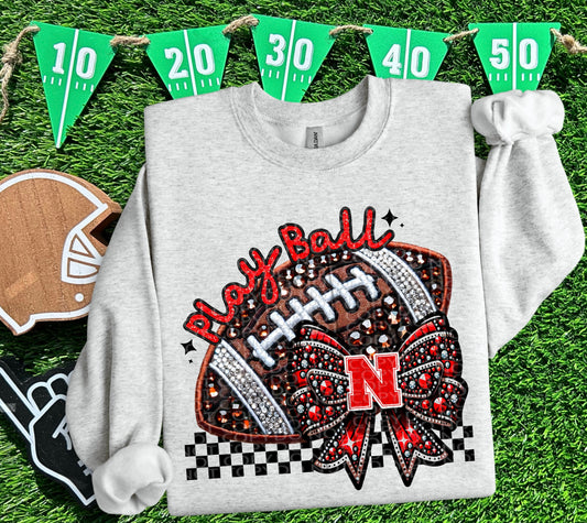 Play Ball Nebraska Faux Embroidery and Faux Rhinestone Football DTF & Sublimation Transfer