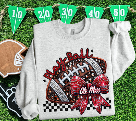 Play Ball Rebels Faux Embroidery and Faux Rhinestone Football DTF & Sublimation Transfer