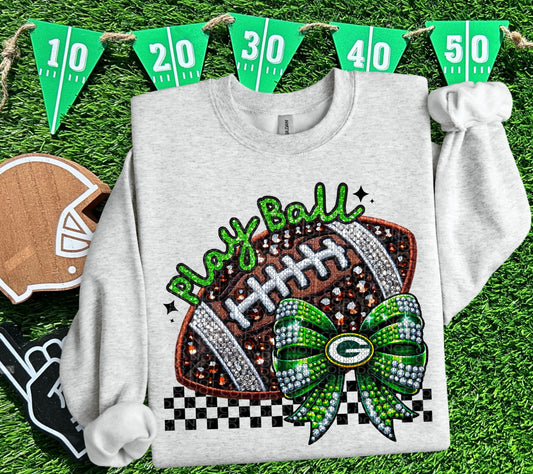 Play Ball Green Bay Faux Embroidery and Faux Rhinestone Football DTF & Sublimation Transfer