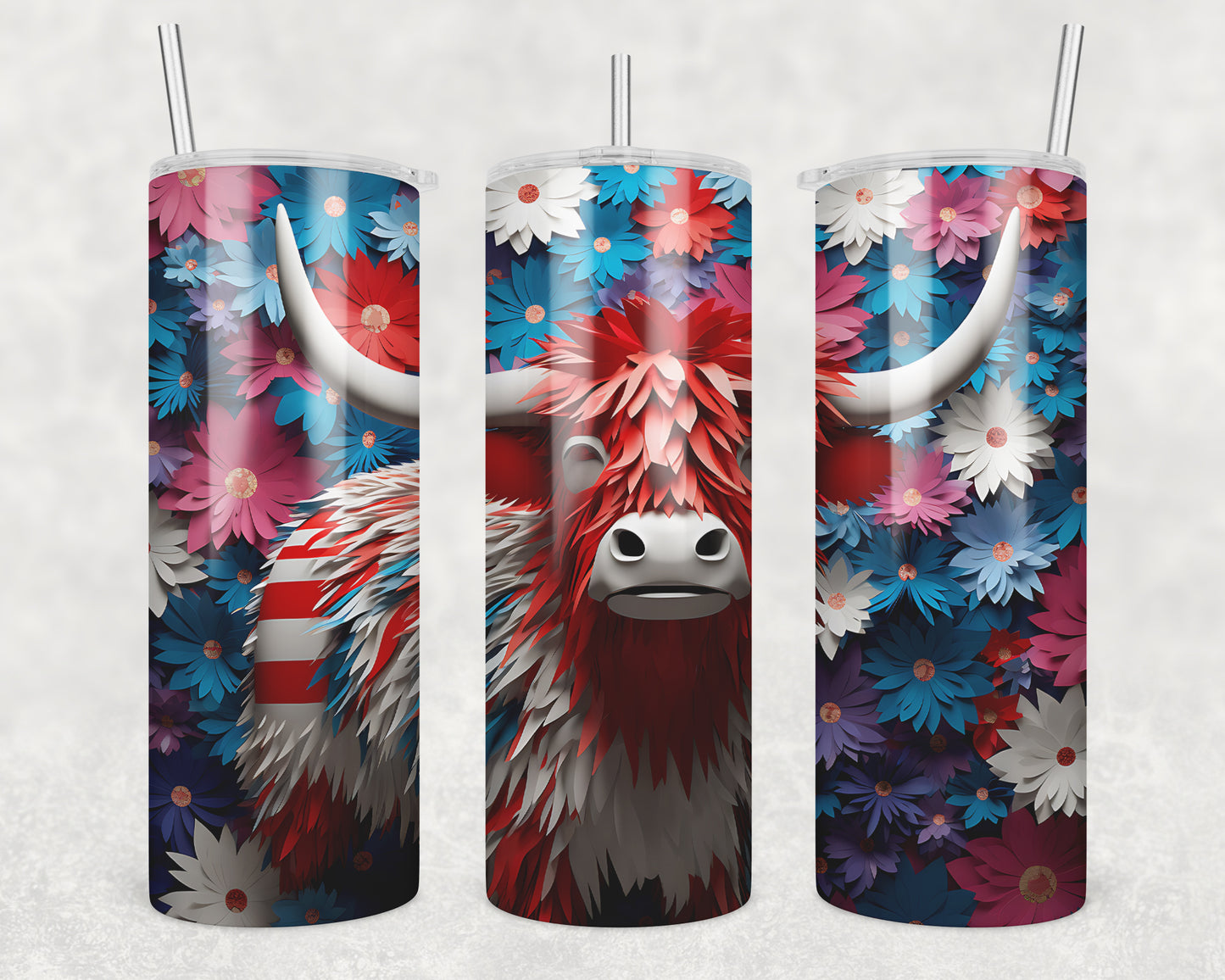 3D Patriotic Highland Cow Sublimation Transfer Tumbler Wrap 20oz (read description)