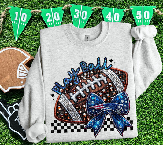 Play Ball New England Faux Embroidery and Faux Rhinestone Football DTF & Sublimation Transfer