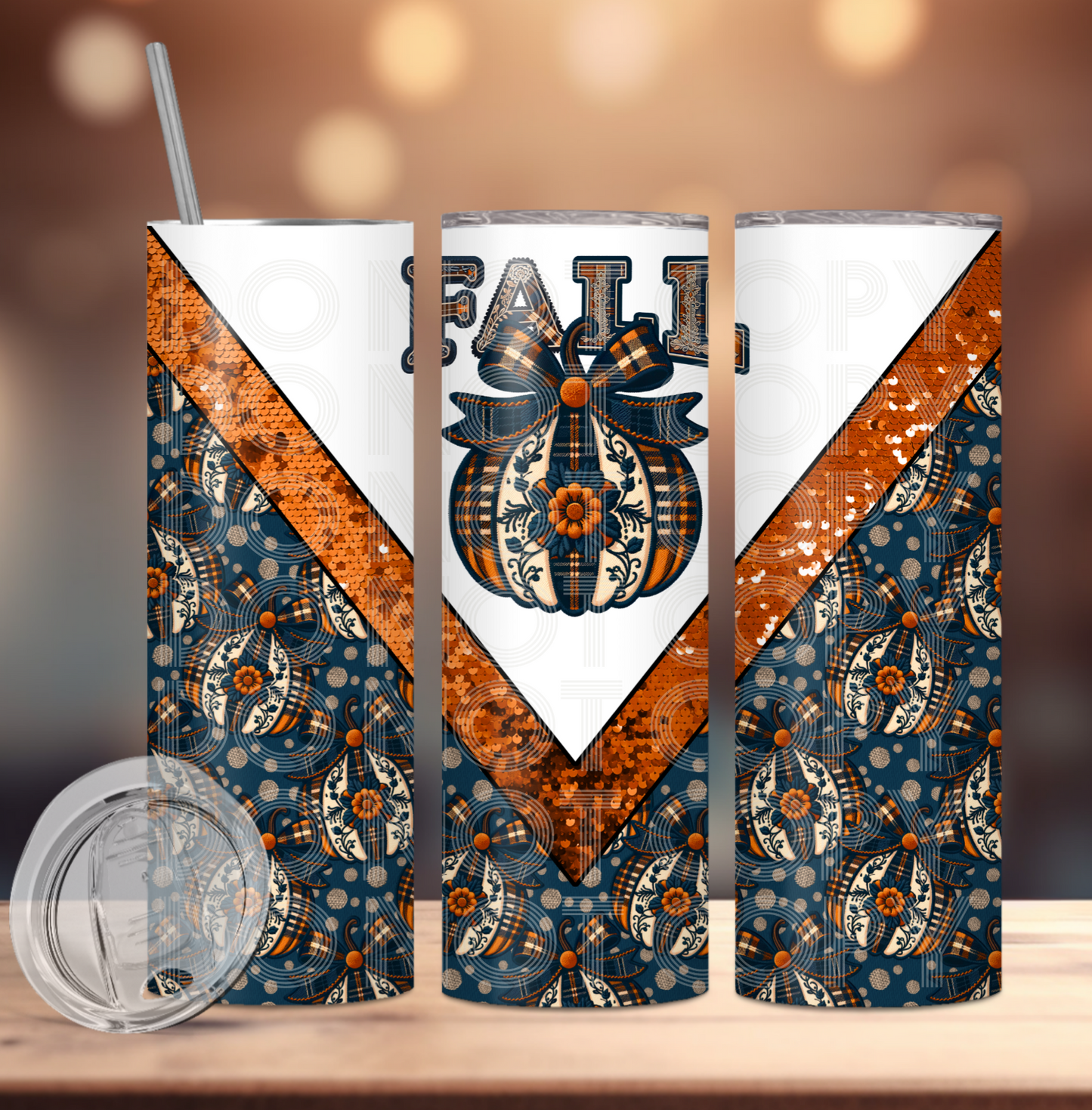 Fall Bow Pumpkin Faux Embroidery (matches shirt) Transfer Tumbler Wrap 20oz (read description)