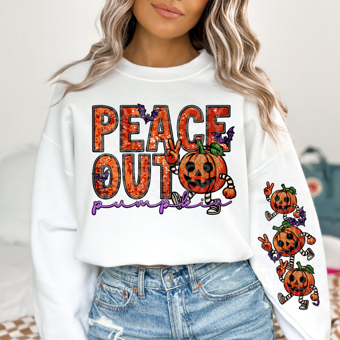 Peace Out Pumpkin Faux Embroidery and Faux Sparkles DTF & Sublimation Transfer