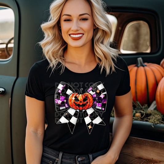 Checkered Pumpkin Bow Faux Sparkly DTF & Sublimation Transfer