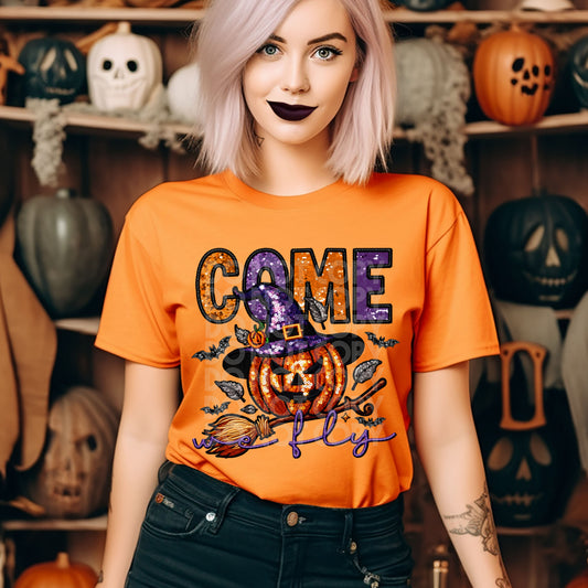 Come We Fly Pumpkin Witch Faux Sparkles and Faux Embroidery DTF & Sublimation Transfer