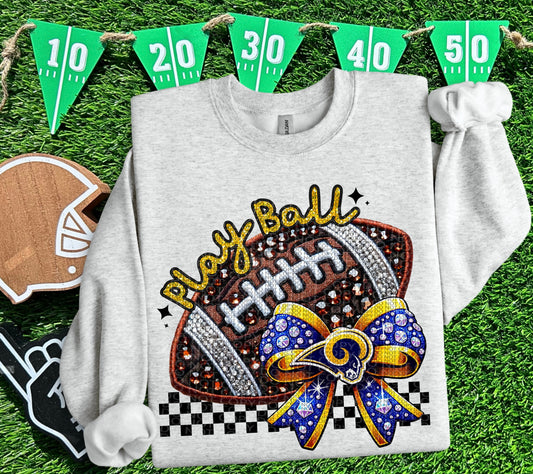 Play Ball LAR Faux Embroidery and Faux Rhinestone Football DTF & Sublimation Transfer